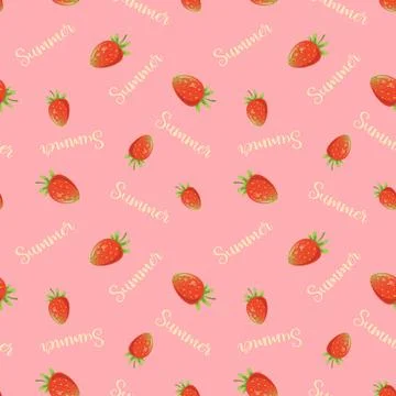 Pink pattern with strawberries and the word Summer Seamless Background Wallpa Stock Illustration