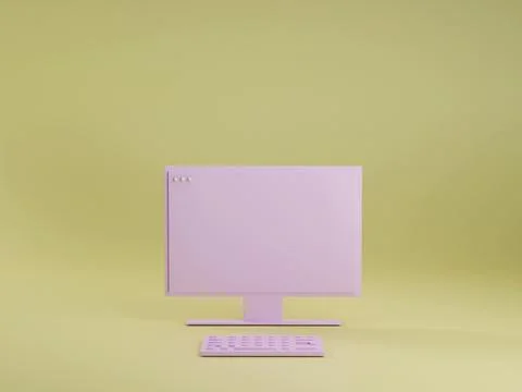 Pink pc computer with keyboard on yellow studio background. Technology concept Stock Illustration