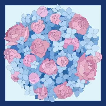 Pink peonies and blue hydrangea bouquet of flowers on a blue background. Vector Stock Illustration