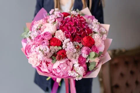 Pink peonies and red hydrangea. Beautiful bouquet of mixed flowers in woman hand Stock Photos