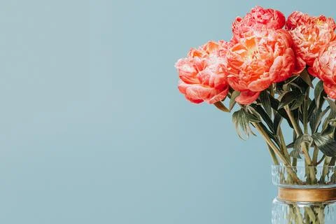 Pink peonies border, blue background, design space Stock Photos