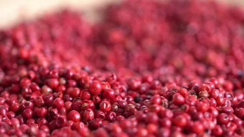 Pink pepper peas. Close up.The movement in a shot. Video stock 126595023