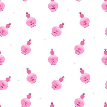 Pink perfume seamless pattern. Beauty product in trendy hand drawn style. Stock Illustration