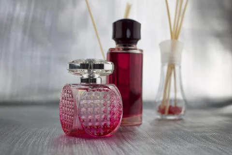 Pink perfumes composition Stock Photos