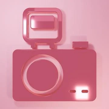 Pink Photo camera with lighting flash icon isolated on pink background. Fot.. Stock Illustration