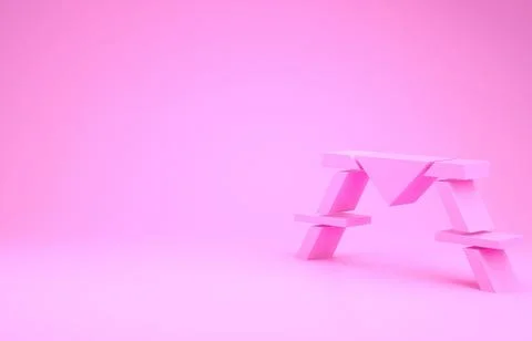 Pink Picnic table with benches on either side of the table icon isolated on p Stock Illustration