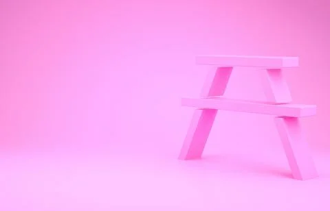 Pink Picnic table with benches on either side of the table icon isolated on p Stock Illustration