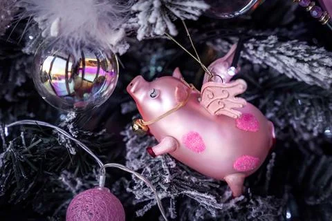 Pink pig funny Christmas tree bauble decoration Stock Photos