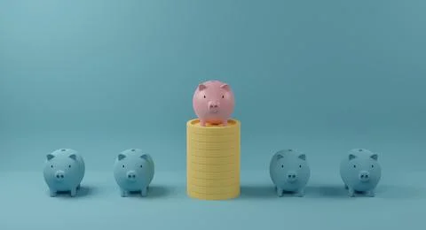 Pink piggy bank on coin stack standing out from crowd of identical blue fello 库存插图
