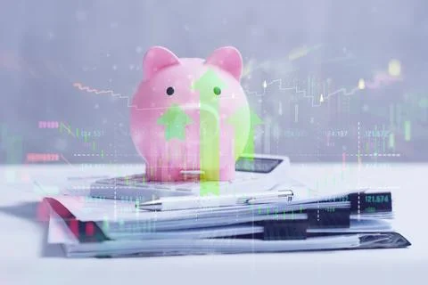 Pink piggy bank with stack of documents and a calculator, overlaid with cle.. Stock Photos