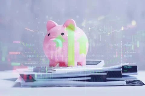 Pink piggy bank with stack of documents and a calculator, overlaid with cle.. Stock Photos