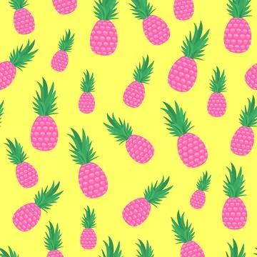 Pink pineapple seamless pattern on yellow background. Stock Illustration