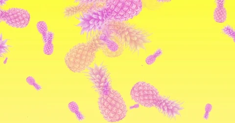 Pink pineapples are falling yellow background Stock Footage 91508686