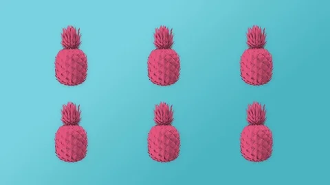 Pink pineapples, blue mint background, spinning colorful fruits, minimal, zine,  Stock Footage 102305987