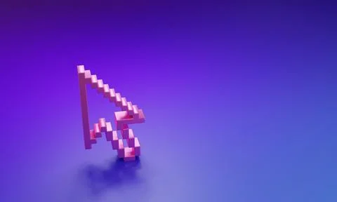 Pink Pixel arrow cursor icon isolated on purple-blue background. Minimalism.. Illustrazione stock