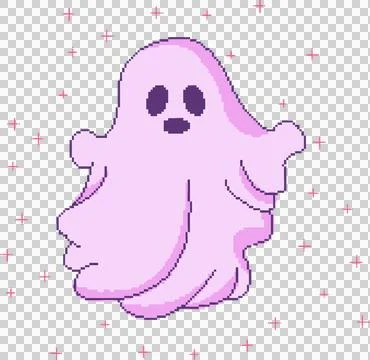 Pink pixel art ghost is floating in transparent digital space, with magenta plus Stock Illustration