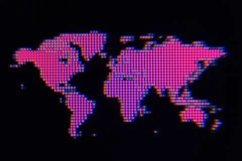 Pink Pixel World Map on Black Ground Stock Illustration