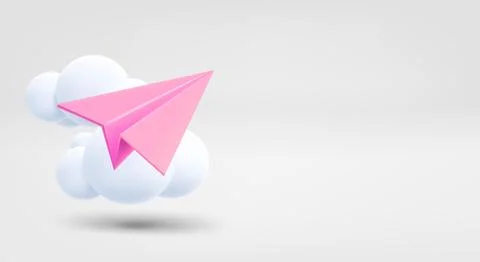 Pink plane with clouds. 3d vector banner with copy space Stock Illustration