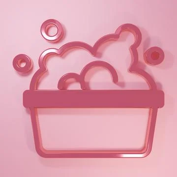 Pink Plastic basin with soap suds icon isolated on pink background. Bowl wi.. Stock Illustration