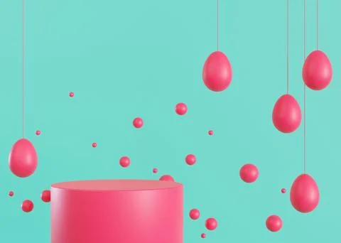 Pink podium with Easter eggs and copy space. Trendy, vivid stage for product Illustrazione stock