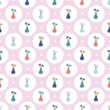 Pink Polka Dot Seamless Pattern with Flowers in Vases Stock Illustration