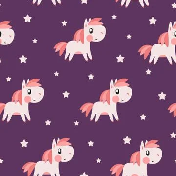 Pink pony and star pattern on purple background Stock Illustration