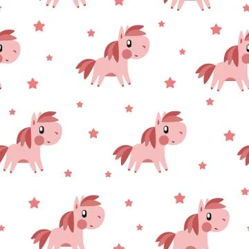 Pink pony and star pattern on white background Stock Illustration