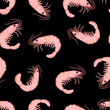 Pink Prawn pattern. Seamless hand drawn vector pattern . Seafood concept. Med Stock Illustration