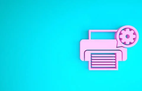 Pink Printer and gear icon isolated on blue background. Adjusting app, servic Stock Illustration