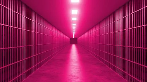 Pink prison bars corridor with bright lights leading to freedom Illustration