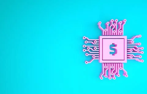 Pink Processor chip with dollar icon isolated on blue background. CPU, centra Stock Illustration