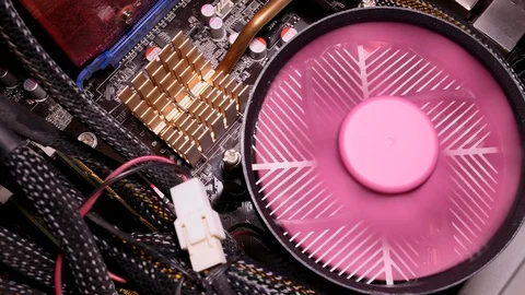 The Pink Processor Cooler On The Motherboard Is Spinning And Stop In Computer Ca Stock Footage 123227142