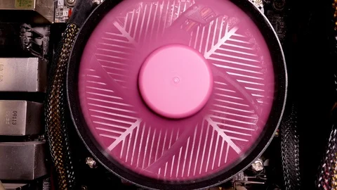 The Pink Processor Cooler On The Motherboard Is Spinning In Computer Case Top Vi Stock Footage 123534028