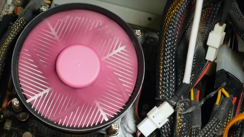 The Pink Processor Cooler On The Motherboard Is Spinning In Computer Case Top Vi Stock Footage 128553469