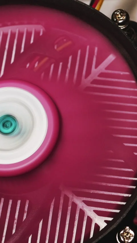 Pink Processor Cooler On The Motherboard Is Spinning In Computer Case. Vertical. 库存影片 268109980