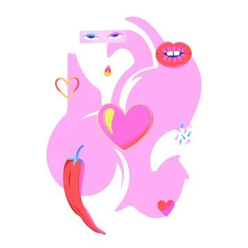 Pink psychedelic abstract composition with hearts, lips, eyes, chilli and pin Stock Illustration