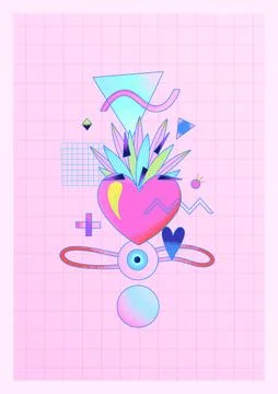 Pink psychedelic abstract poster with heart, abstract shapes and checkered ba Stock Illustration