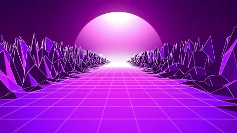 Pink purple retro background with sunset landscape and glowing white grid Stock Footage 280028591