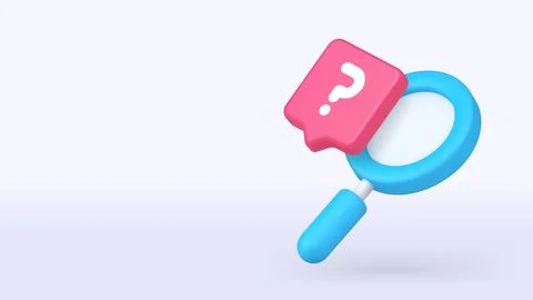 Pink question mark with a blue magnifying glass represents curiosity, learnin Stock Illustration