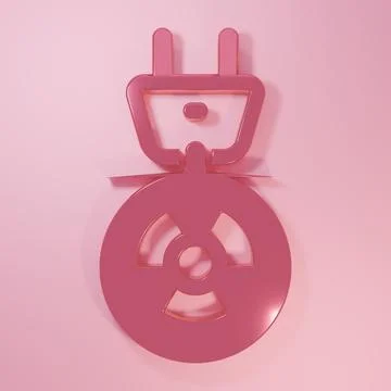 Pink Radiation electrical plug icon isolated on pink background. Nuclear en.. Illustrazione stock