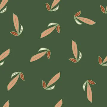 Pink random leaf outline shapes seamless pattern. Green background. Nature bo Stock Illustration