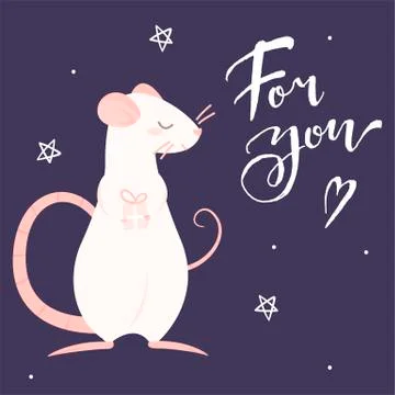 Pink rat gives a gift and lettering for you Stock Illustration