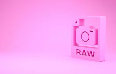 Pink RAW file document. Download raw button icon isolated on pink background. Illustrazione stock