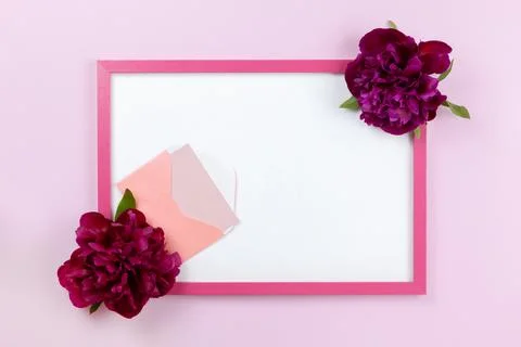 Pink rectangular frame with white center, peonies on sides, small envelope wi Stock Photos