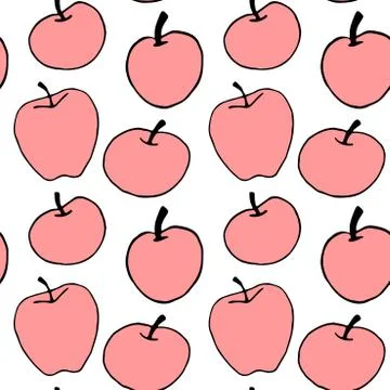 Pink red apples seamless vector pattern in doodle style. Repeating print isol Stock Illustration
