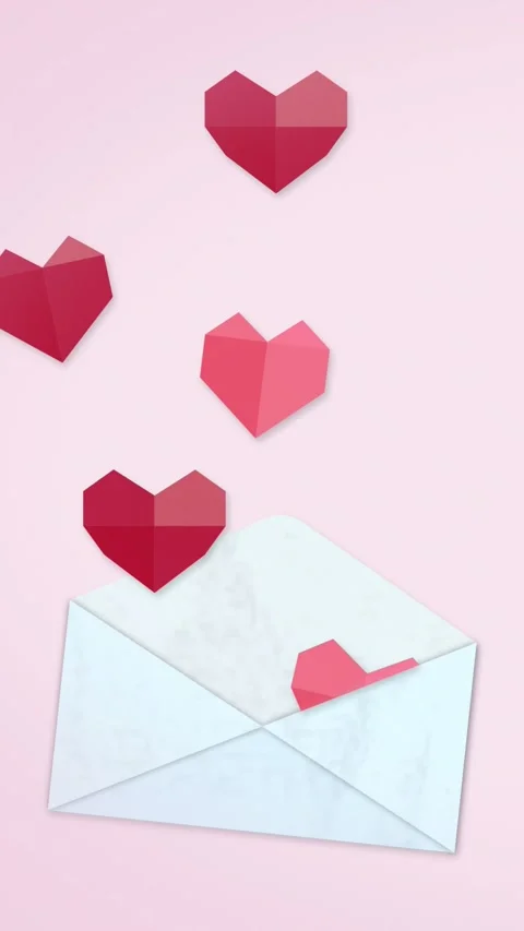 Pink, red hearts, low poly, love letter envelope, Valentine’s day, wedding Stock Footage 302333200