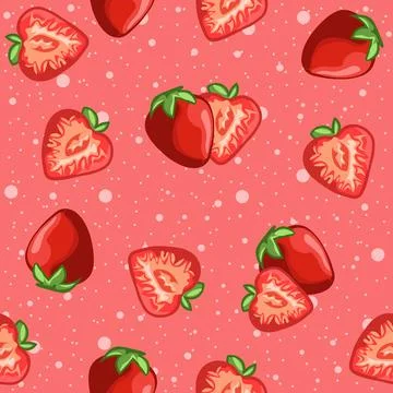 Pink red seamless pattern of strawberries and fruit slices. Stock Illustration