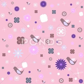 Pink retro birds and flowers background Stock Illustration