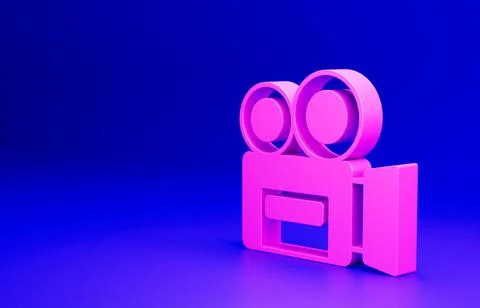 Pink Retro cinema camera icon isolated on blue background. Video camera. Movie Stock Illustration
