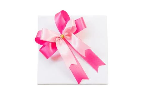 Pink ribbon bow and white gift box isolate on white with Clipping path 스톡 사진